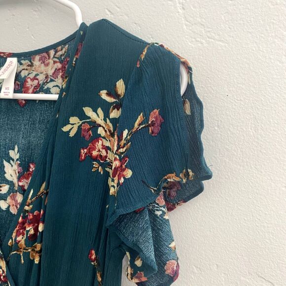 Xhilaration | Teal Floral Maxi Dress Flutter Sleeves Faux Wrap - Picture 2 of 9